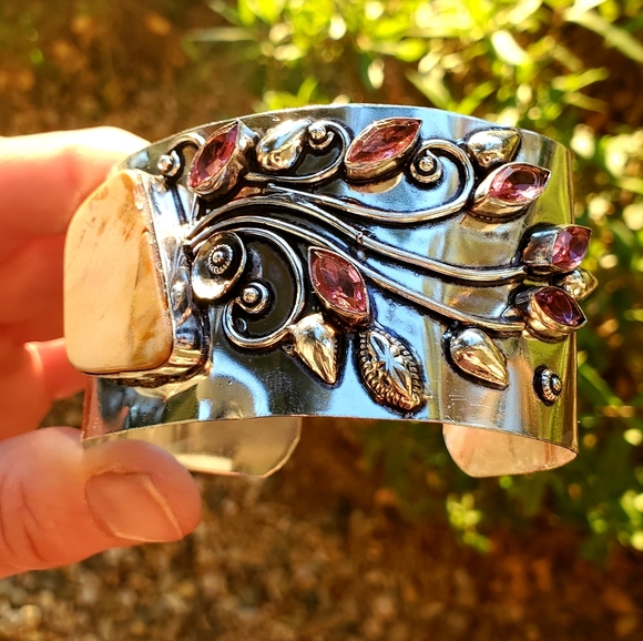 New Mookaite Jasper and Rubellite 925 Silver Cuff Bracelet. - Picture 4 of 16